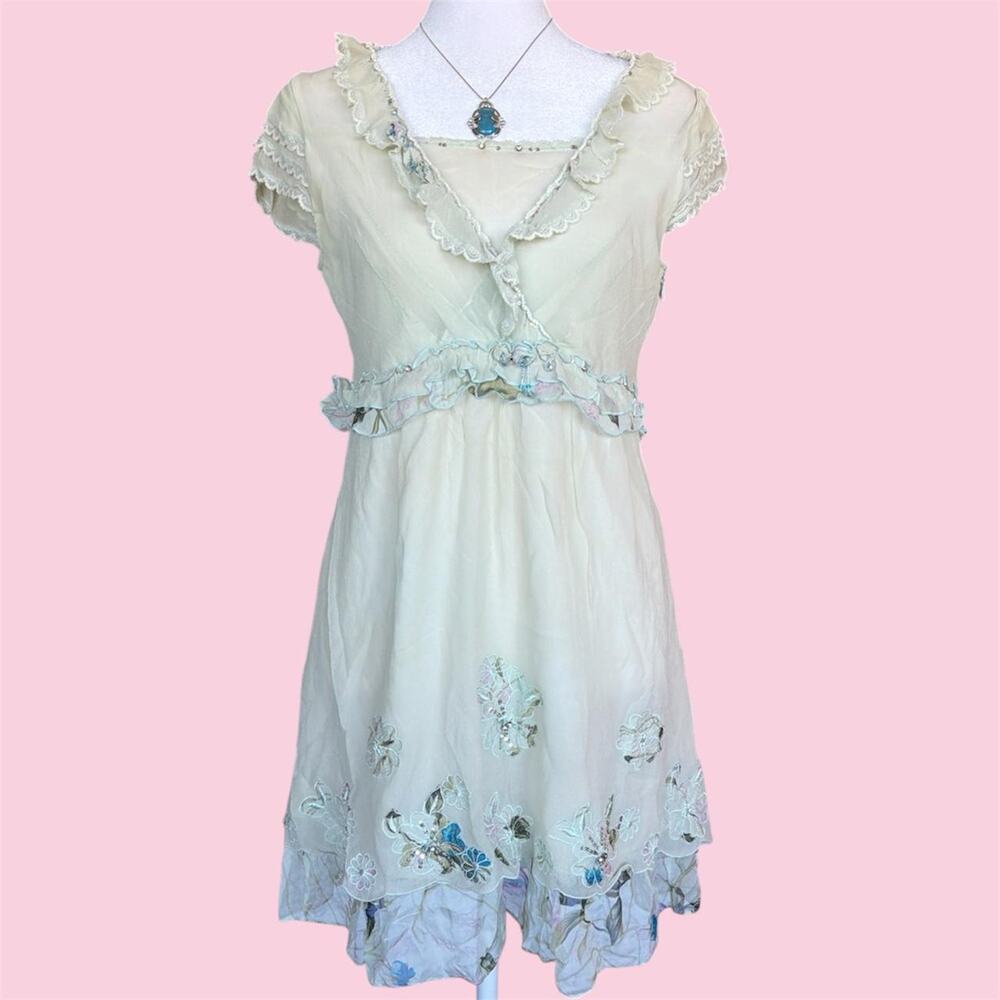 Light greenish Cream silk babydoll dress with blue floral embroidery and beads